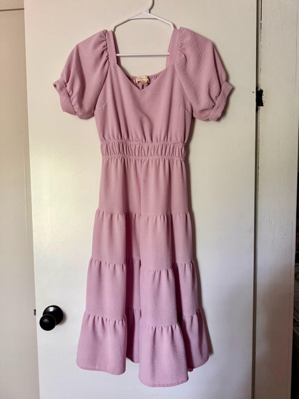 Monteau Dusty Pink Tiered Midi Dress with Puff Sleeves